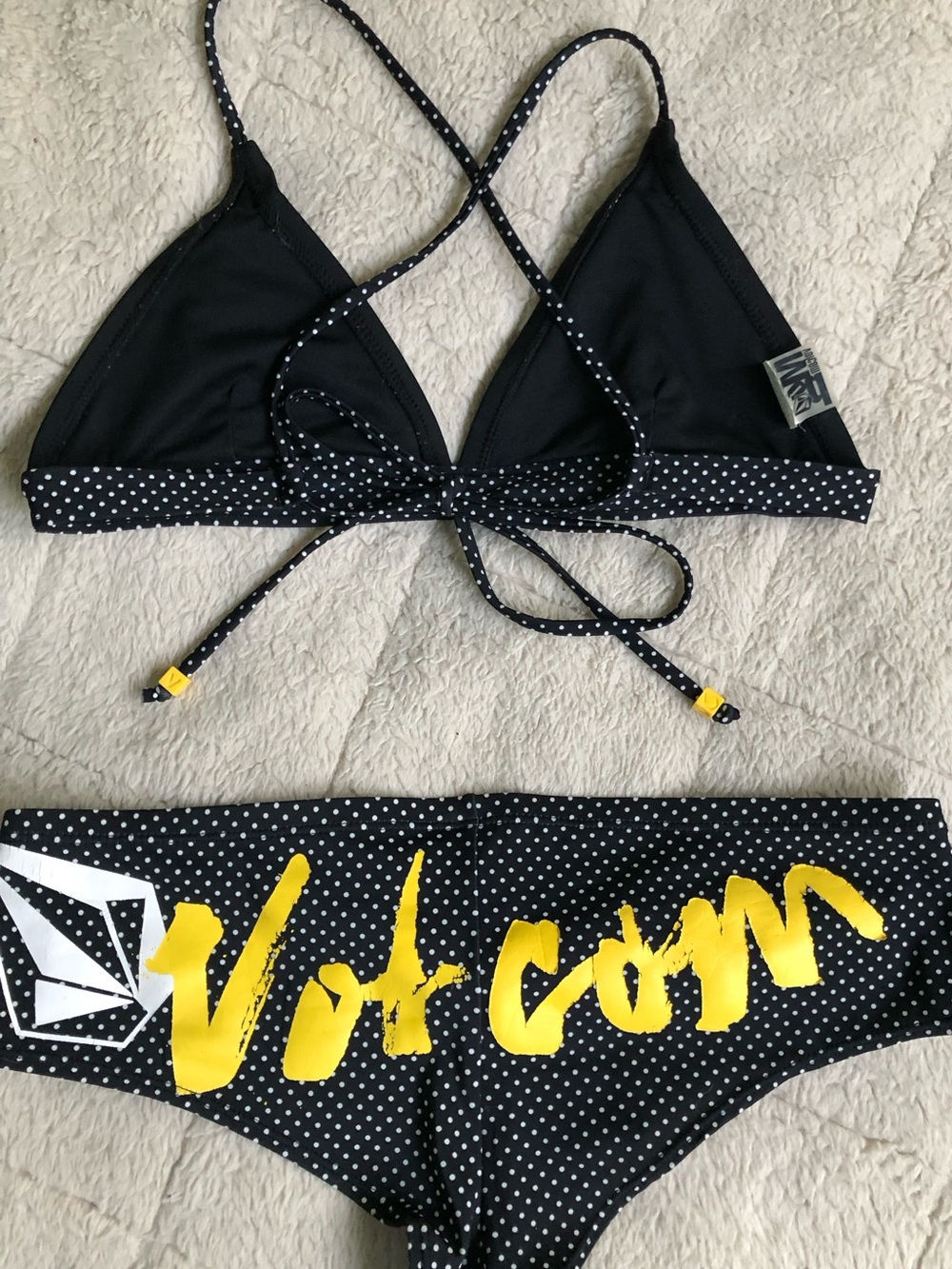 Y2K Miss Volcom Black Polka Dot Bikini Set with Micro-Shorts Size M